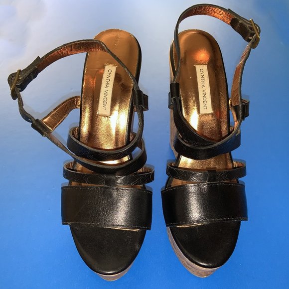 CYNTHIA VINCENT BLACK STRAP CORK WEDGE PLATFORM SHOES SIZE 7 - Picture 4 of 6